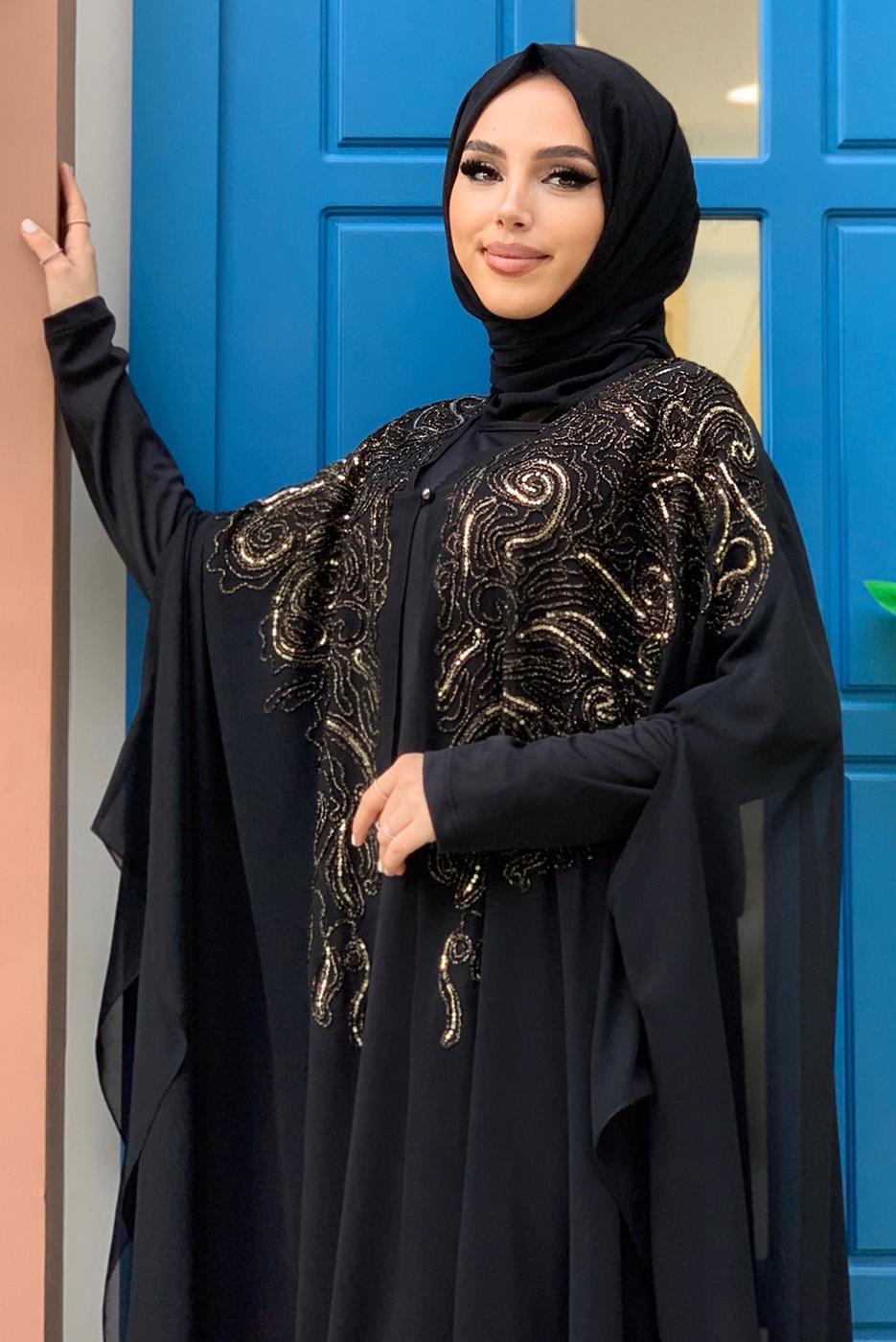 Tesettür giyim SİYAH PUL PAYET İŞLEMELİ PELERİNLİ ABİYE ELBİSE T 3773