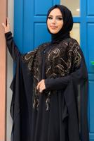 Tesettür giyim SİYAH PUL PAYET İŞLEMELİ PELERİNLİ ABİYE ELBİSE T 3773