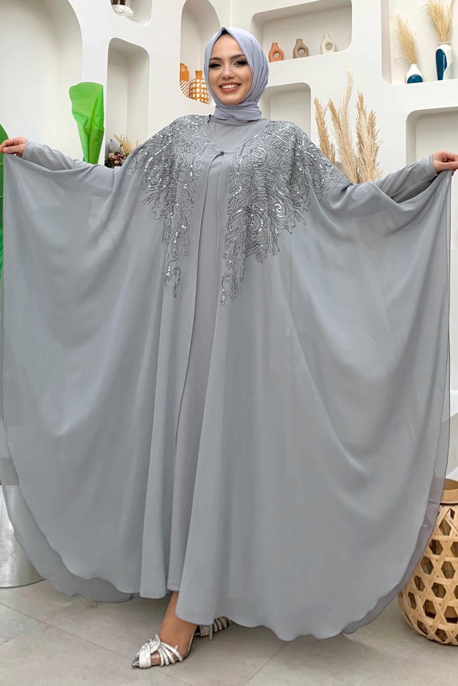 Tesettür giyim GRİ PUL PAYET İŞLEMELİ PELERİNLİ ABİYE ELBİSE T 3773