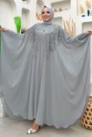 Tesettür giyim GRİ PUL PAYET İŞLEMELİ PELERİNLİ ABİYE ELBİSE T 3773