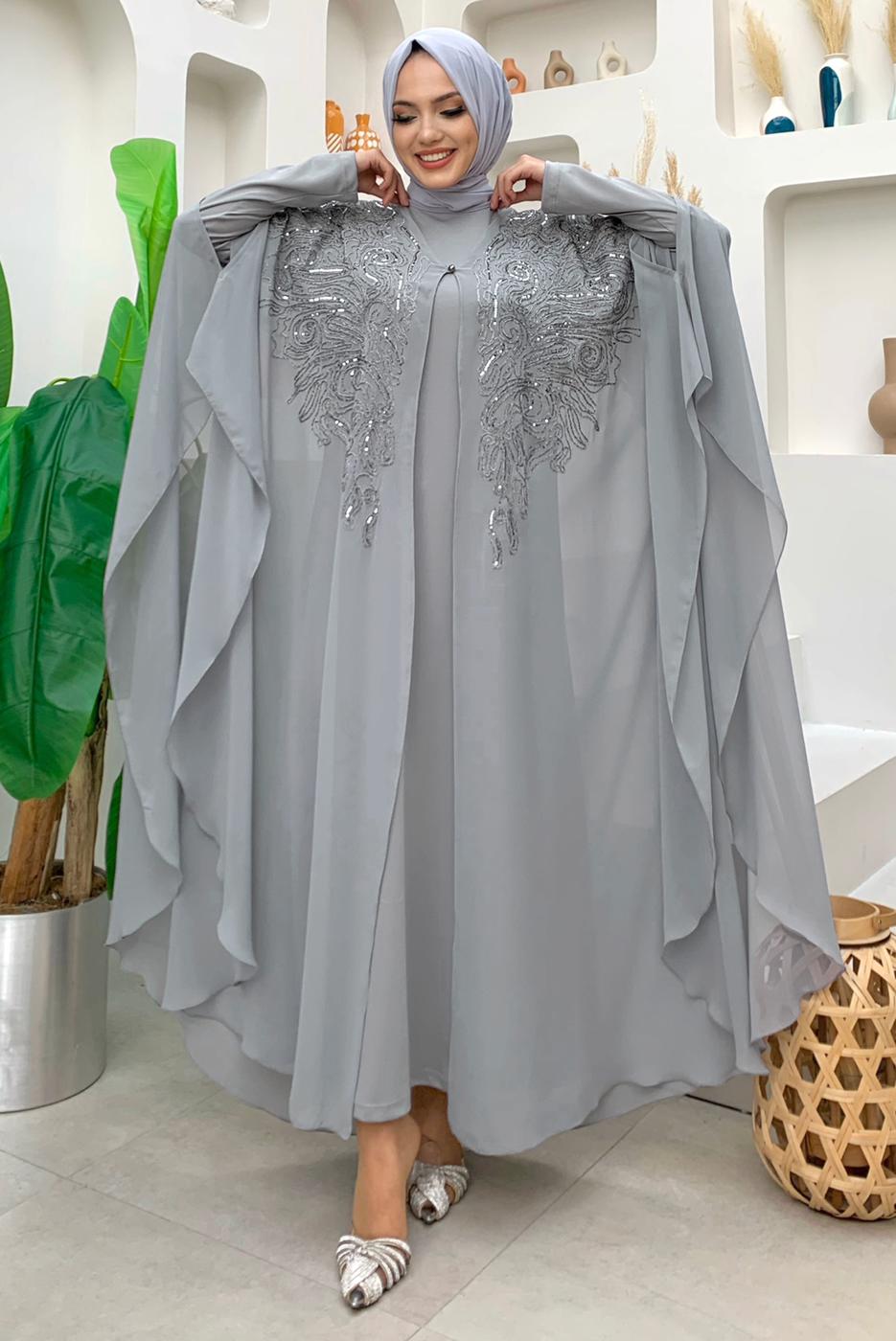 Tesettür giyim GRİ PUL PAYET İŞLEMELİ PELERİNLİ ABİYE ELBİSE T 3773