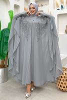 Tesettür giyim GRİ PUL PAYET İŞLEMELİ PELERİNLİ ABİYE ELBİSE T 3773