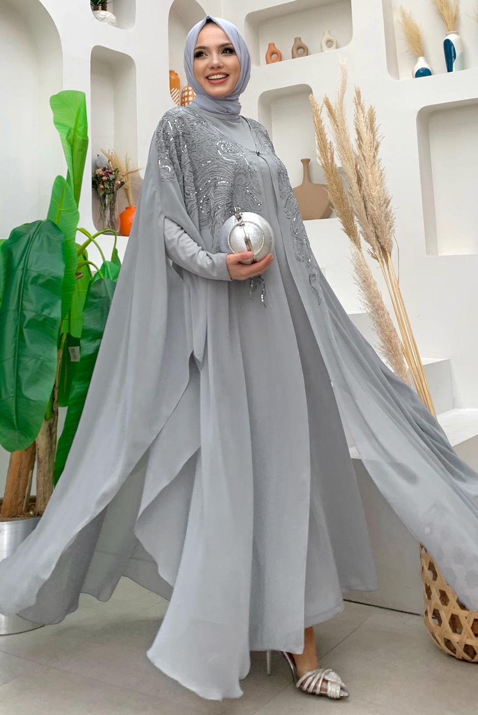 Tesettür giyim GRİ PUL PAYET İŞLEMELİ PELERİNLİ ABİYE ELBİSE T 3773