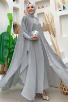 Tesettür giyim GRİ PUL PAYET İŞLEMELİ PELERİNLİ ABİYE ELBİSE T 3773