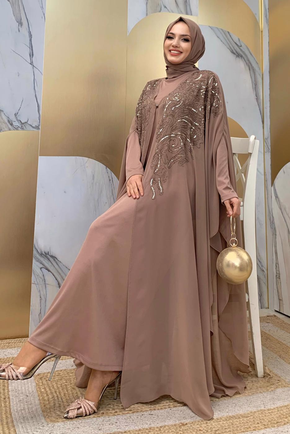 Tesettür giyim VİZON PUL PAYET İŞLEMELİ PELERİNLİ ABİYE ELBİSE T 3773