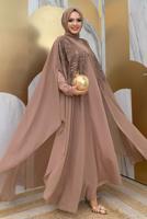 Tesettür giyim VİZON PUL PAYET İŞLEMELİ PELERİNLİ ABİYE ELBİSE T 3773