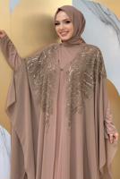 Tesettür giyim VİZON PUL PAYET İŞLEMELİ PELERİNLİ ABİYE ELBİSE T 3773