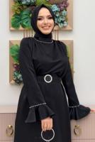 Tesettür giyim SİYAH İNCİ DETAYLI KEMERLİ SATEN ABİYE ELBİSE T 3973