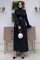 Tesettür giyim SİYAH İNCİ DETAYLI KEMERLİ SATEN ABİYE ELBİSE T 3973