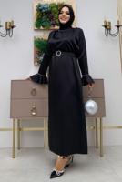 Tesettür giyim SİYAH İNCİ DETAYLI KEMERLİ SATEN ABİYE ELBİSE T 3973