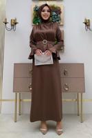 Tesettür giyim KAHVE İNCİ DETAYLI KEMERLİ SATEN ABİYE ELBİSE T 3973