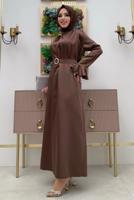 Tesettür giyim KAHVE İNCİ DETAYLI KEMERLİ SATEN ABİYE ELBİSE T 3973