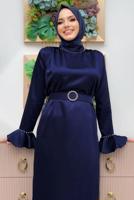 Tesettür giyim LACİVERT İNCİ DETAYLI KEMERLİ SATEN ABİYE ELBİSE T 3973