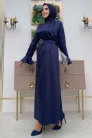 Tesettür giyim LACİVERT İNCİ DETAYLI KEMERLİ SATEN ABİYE ELBİSE T 3973