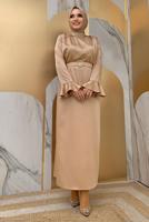 Tesettür giyim VİZON İNCİ DETAYLI KEMERLİ SATEN ABİYE ELBİSE T 3973