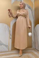 Tesettür giyim VİZON İNCİ DETAYLI KEMERLİ SATEN ABİYE ELBİSE T 3973