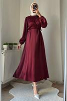Tesettür giyim BORDO SATEN ABİYE ELBİSE T 4242