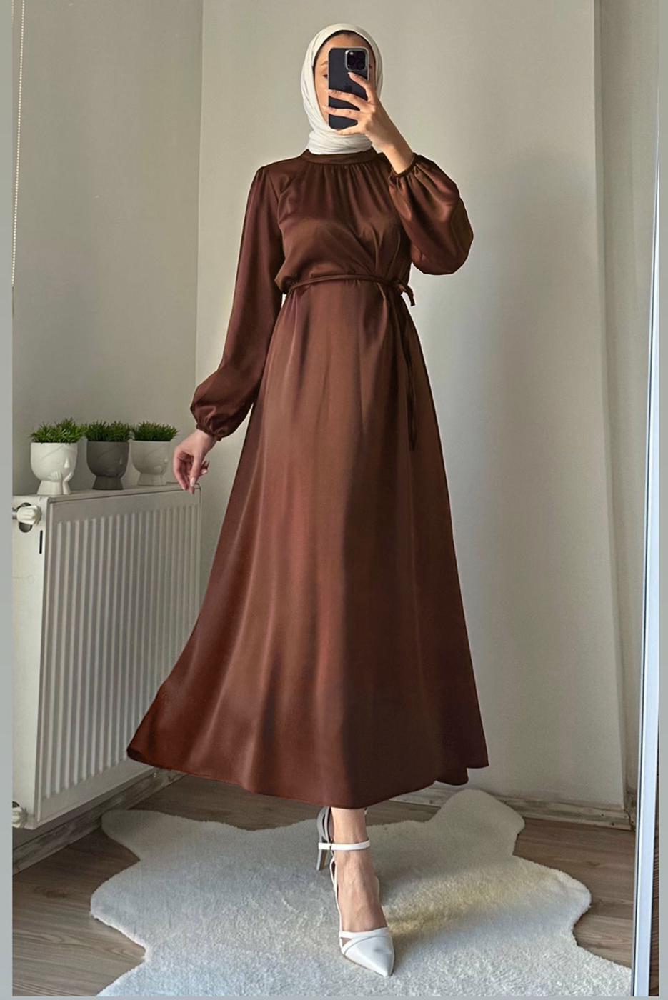 Tesettür giyim KAHVE SATEN ABİYE ELBİSE T 4242