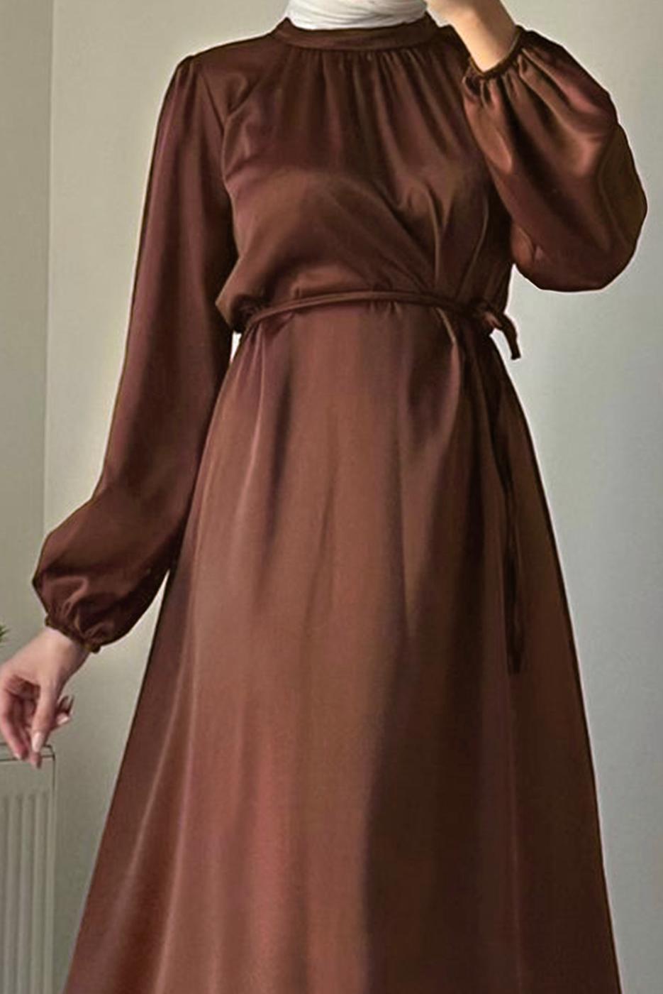 Tesettür giyim KAHVE SATEN ABİYE ELBİSE T 4242