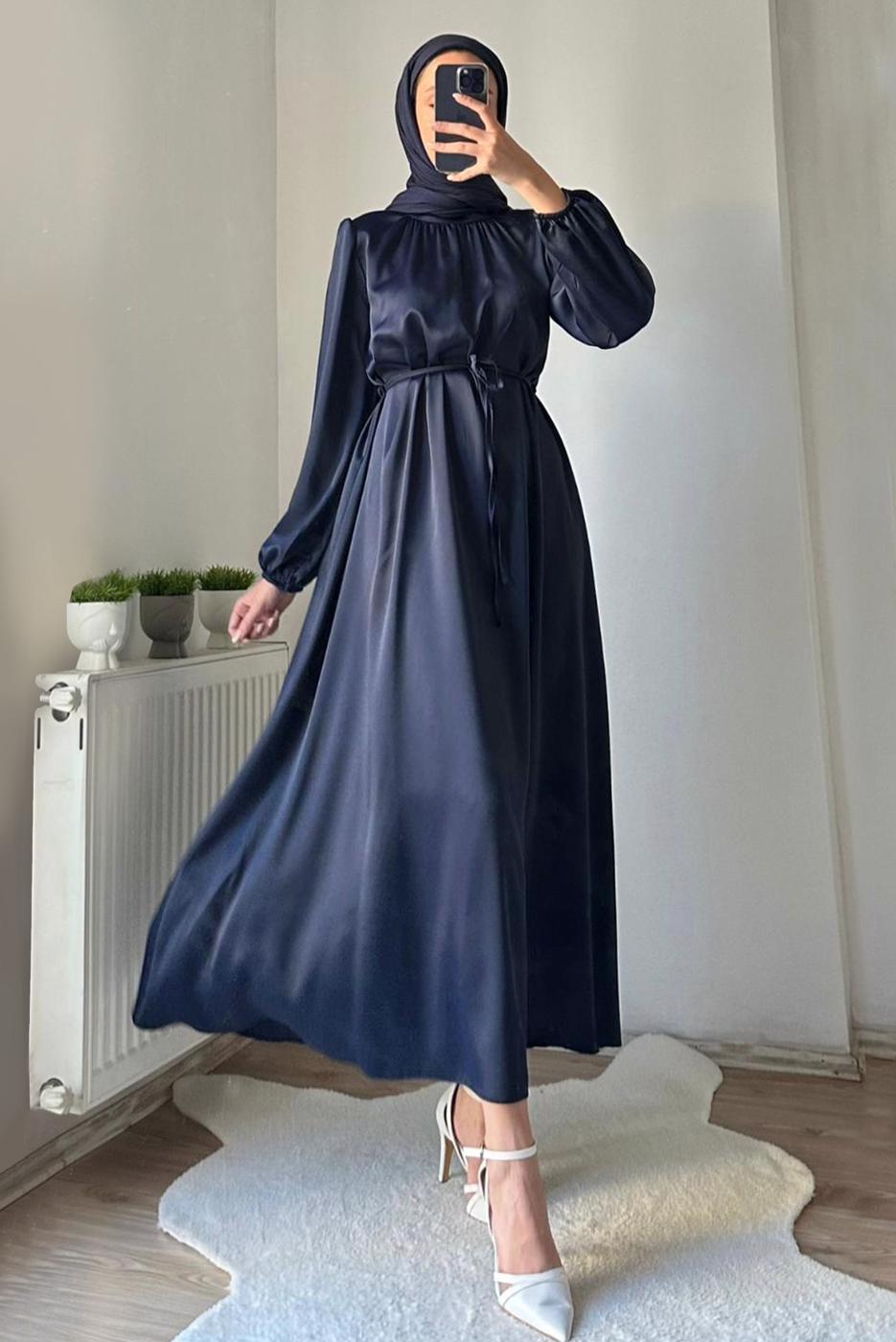 Tesettür giyim LACİVERT SATEN ABİYE ELBİSE T 4242