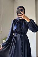 Tesettür giyim LACİVERT SATEN ABİYE ELBİSE T 4242