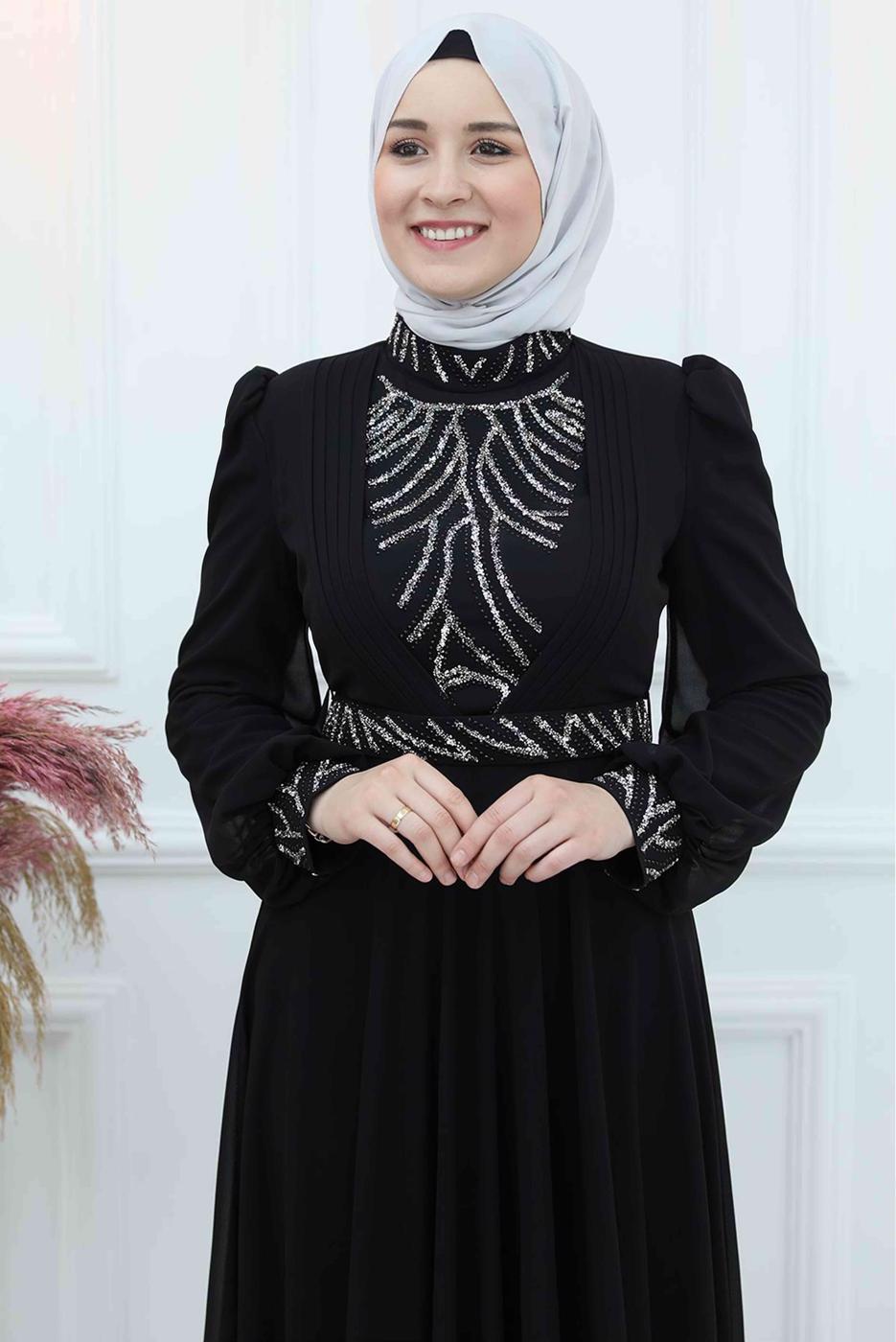 Tesettür giyim SİYAH TAŞLI ŞİFON ABİYE ELBİSE T 4533