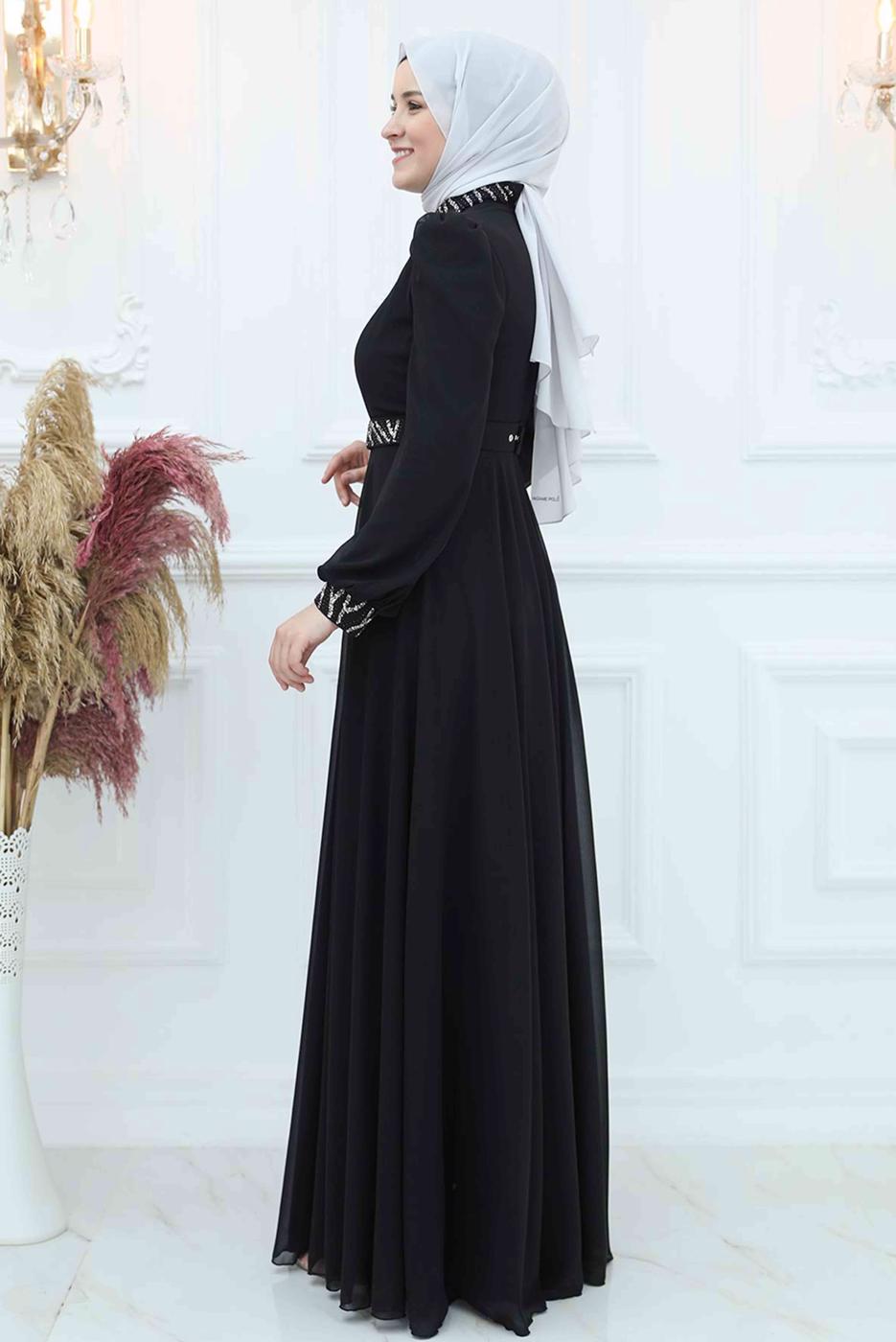 Tesettür giyim SİYAH TAŞLI ŞİFON ABİYE ELBİSE T 4533