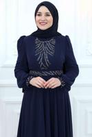 Tesettür giyim LACİVERT TAŞLI ŞİFON ABİYE ELBİSE T 4533
