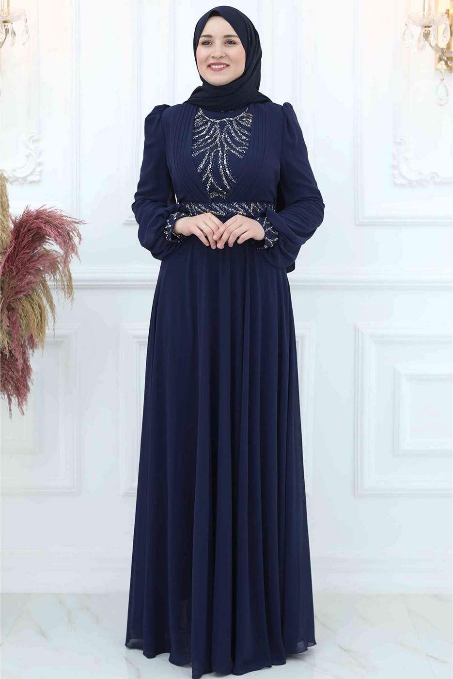Tesettür giyim LACİVERT TAŞLI ŞİFON ABİYE ELBİSE T 4533