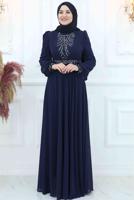 Tesettür giyim LACİVERT TAŞLI ŞİFON ABİYE ELBİSE T 4533