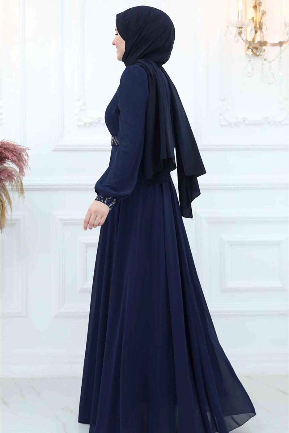 Tesettür giyim LACİVERT TAŞLI ŞİFON ABİYE ELBİSE T 4533