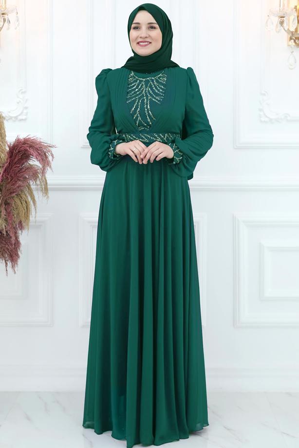 Vêtements hijab BLEU ROBE DE SOIRÉE EN MOUSSELINE AVEC GEMME T 4533 - TRENDTESETTÜR