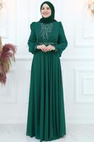 Hijab clothing BLUE CHIFFON EVENING DRESS WITH GEM T 4533