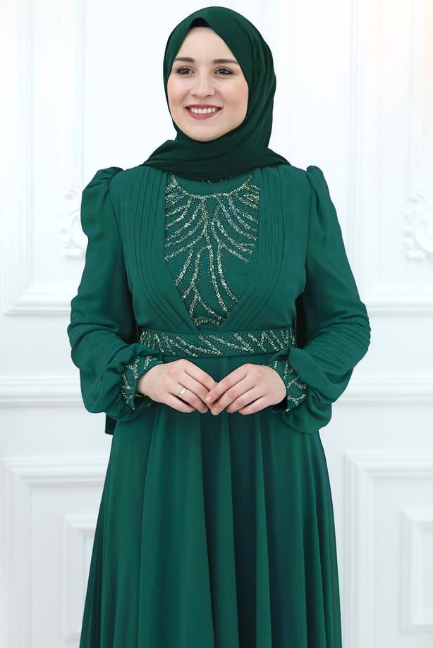 Vêtements hijab BLEU ROBE DE SOIRÉE EN MOUSSELINE AVEC GEMME T 4533 - TRENDTESETTÜR