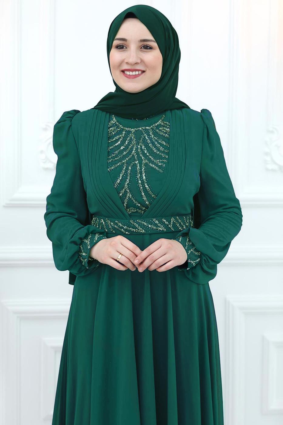 Hijab clothing BLUE CHIFFON EVENING DRESS WITH GEM T 4533