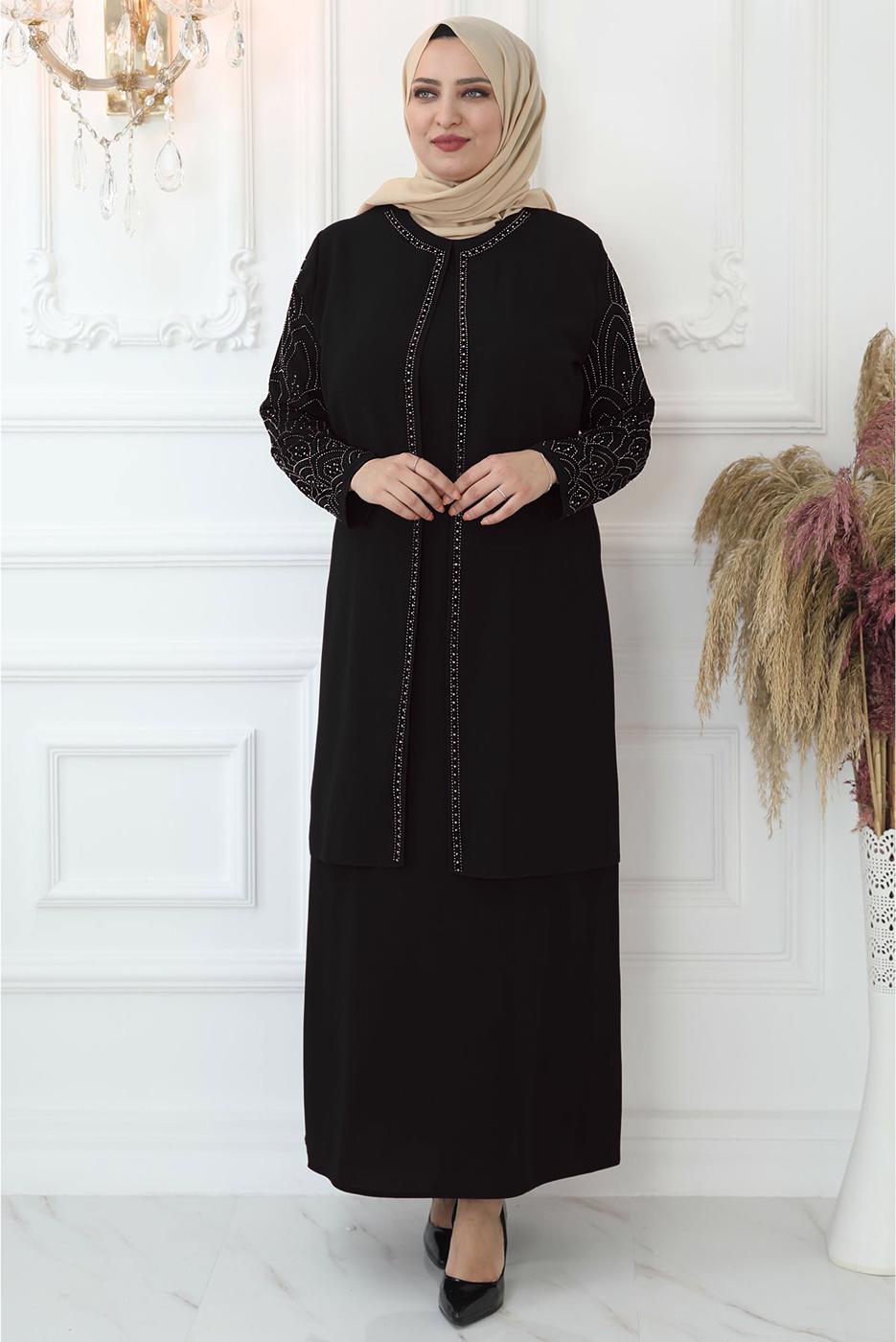 Tesettür giyim SİYAH TAŞ İŞLEMELİ ABİYE ELBİSE T 4621