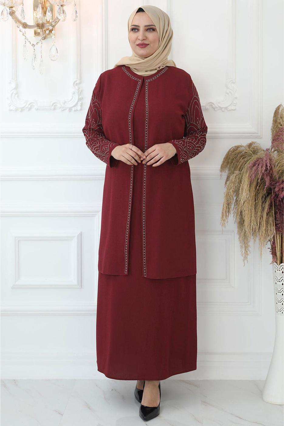 Tesettür giyim BORDO TAŞ İŞLEMELİ ABİYE ELBİSE T 4621