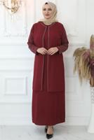 Tesettür giyim BORDO TAŞ İŞLEMELİ ABİYE ELBİSE T 4621