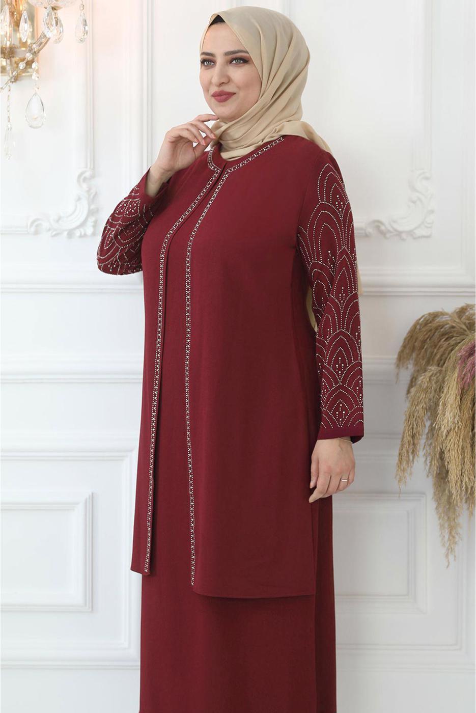 Tesettür giyim BORDO TAŞ İŞLEMELİ ABİYE ELBİSE T 4621