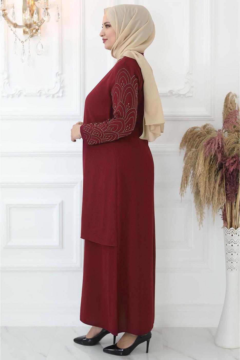 Tesettür giyim BORDO TAŞ İŞLEMELİ ABİYE ELBİSE T 4621