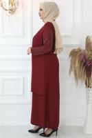 Tesettür giyim BORDO TAŞ İŞLEMELİ ABİYE ELBİSE T 4621
