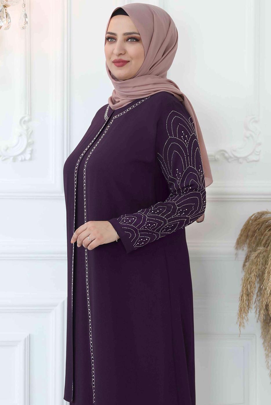 Tesettür giyim MÜRDÜM TAŞ İŞLEMELİ ABİYE ELBİSE T 4621