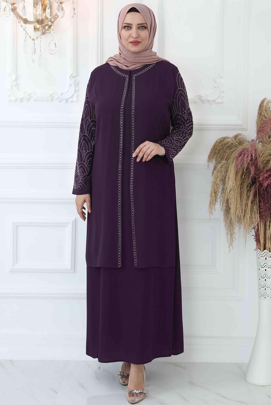 Tesettür giyim MÜRDÜM TAŞ İŞLEMELİ ABİYE ELBİSE T 4621