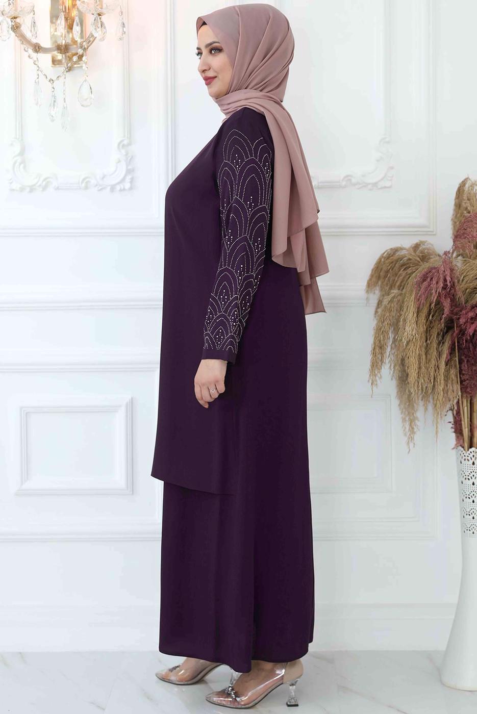 Tesettür giyim MÜRDÜM TAŞ İŞLEMELİ ABİYE ELBİSE T 4621