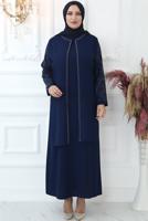 Tesettür giyim LACİVERT TAŞ İŞLEMELİ ABİYE ELBİSE T 4621
