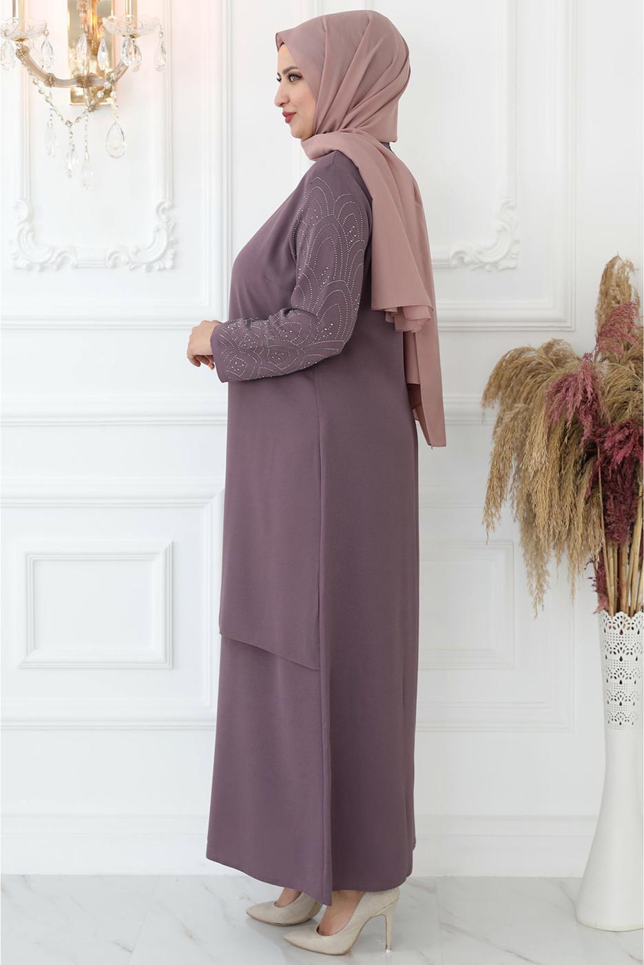 Tesettür giyim PEMBE TAŞ İŞLEMELİ ABİYE ELBİSE T 4621