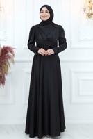 Tesettür giyim SİYAH BONCUK İŞLEME DETAYLI SATEN ABİYE ELBİSE T 5453