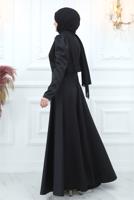 Tesettür giyim SİYAH BONCUK İŞLEME DETAYLI SATEN ABİYE ELBİSE T 5453