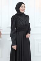 Tesettür giyim SİYAH BONCUK İŞLEME DETAYLI SATEN ABİYE ELBİSE T 5453