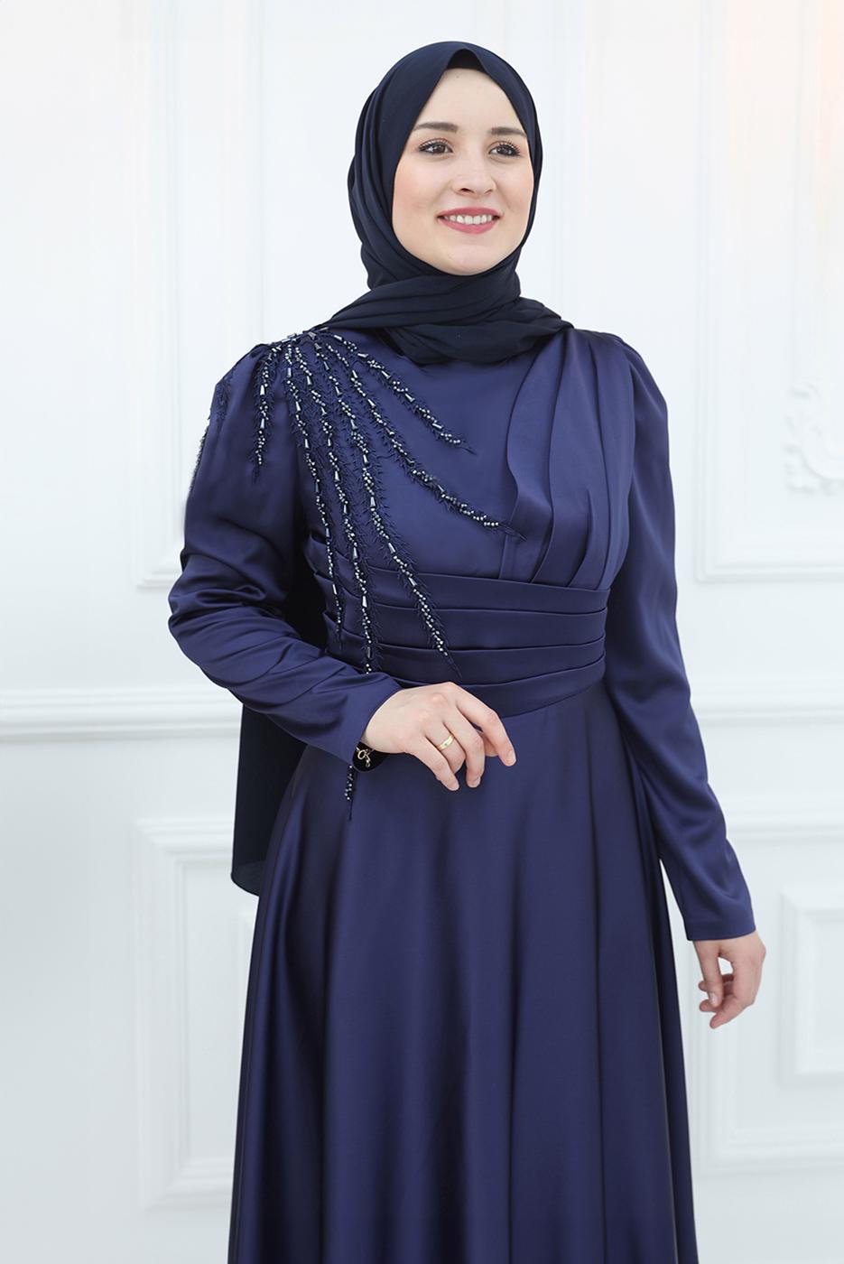 Tesettür giyim LACİVERT BONCUK İŞLEME DETAYLI SATEN ABİYE ELBİSE T 5453